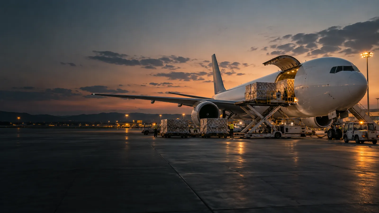Concept image of an unbranded cargo aircraft on an airport apron