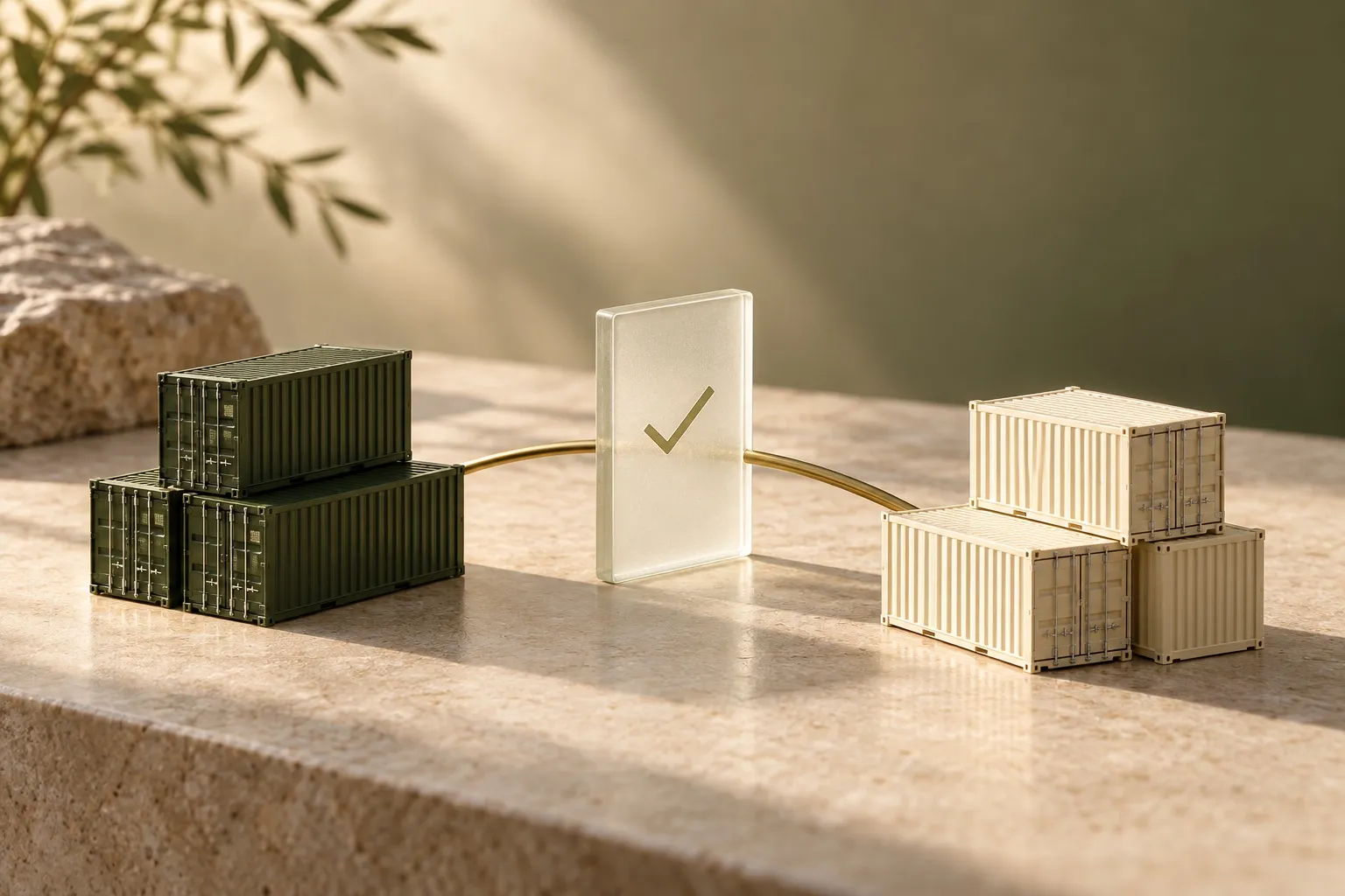 Conceptual trade-route model connecting miniature containers through a verification symbol