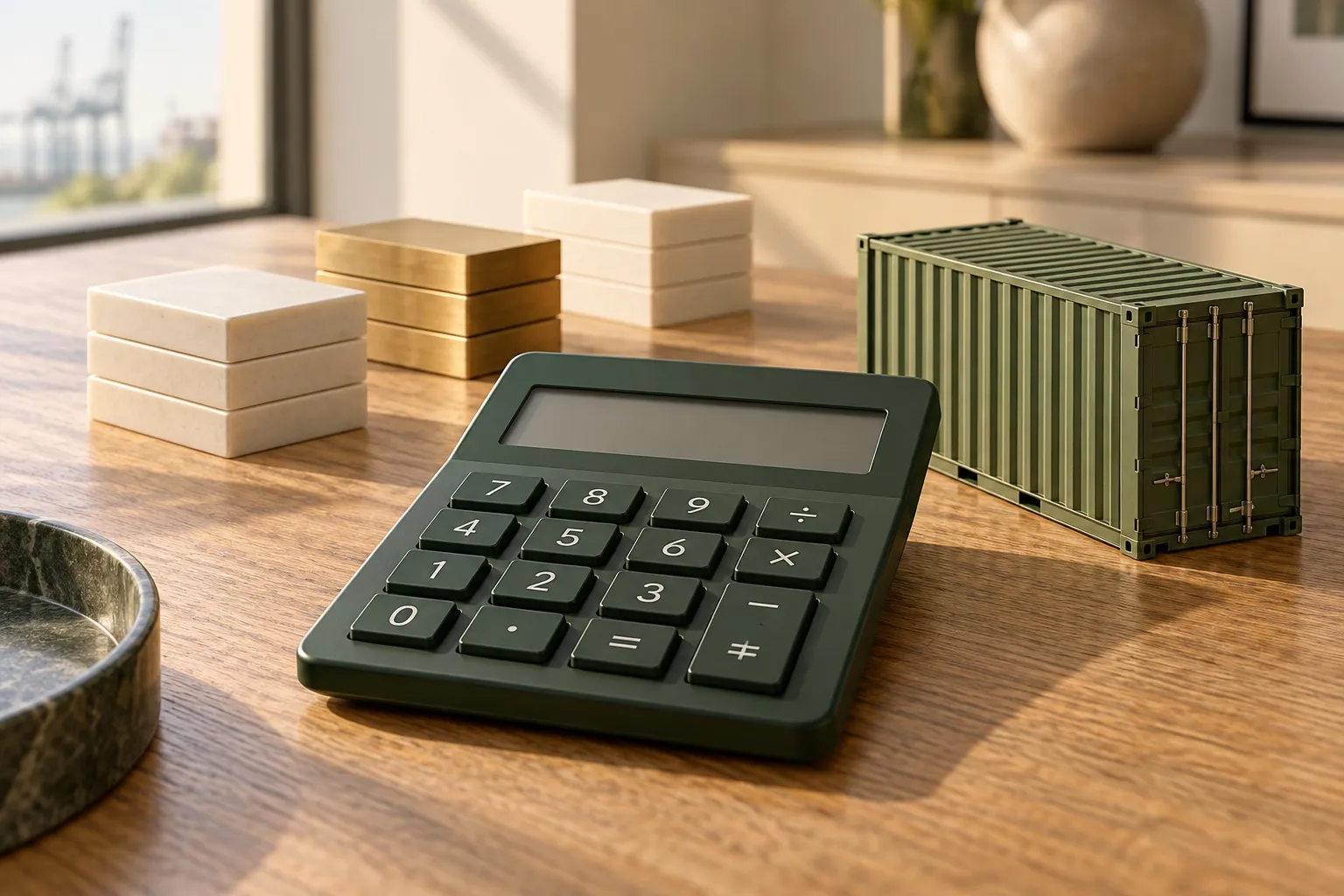 Conceptual import-cost planning scene with a calculator, container model and separate stacks representing cost components