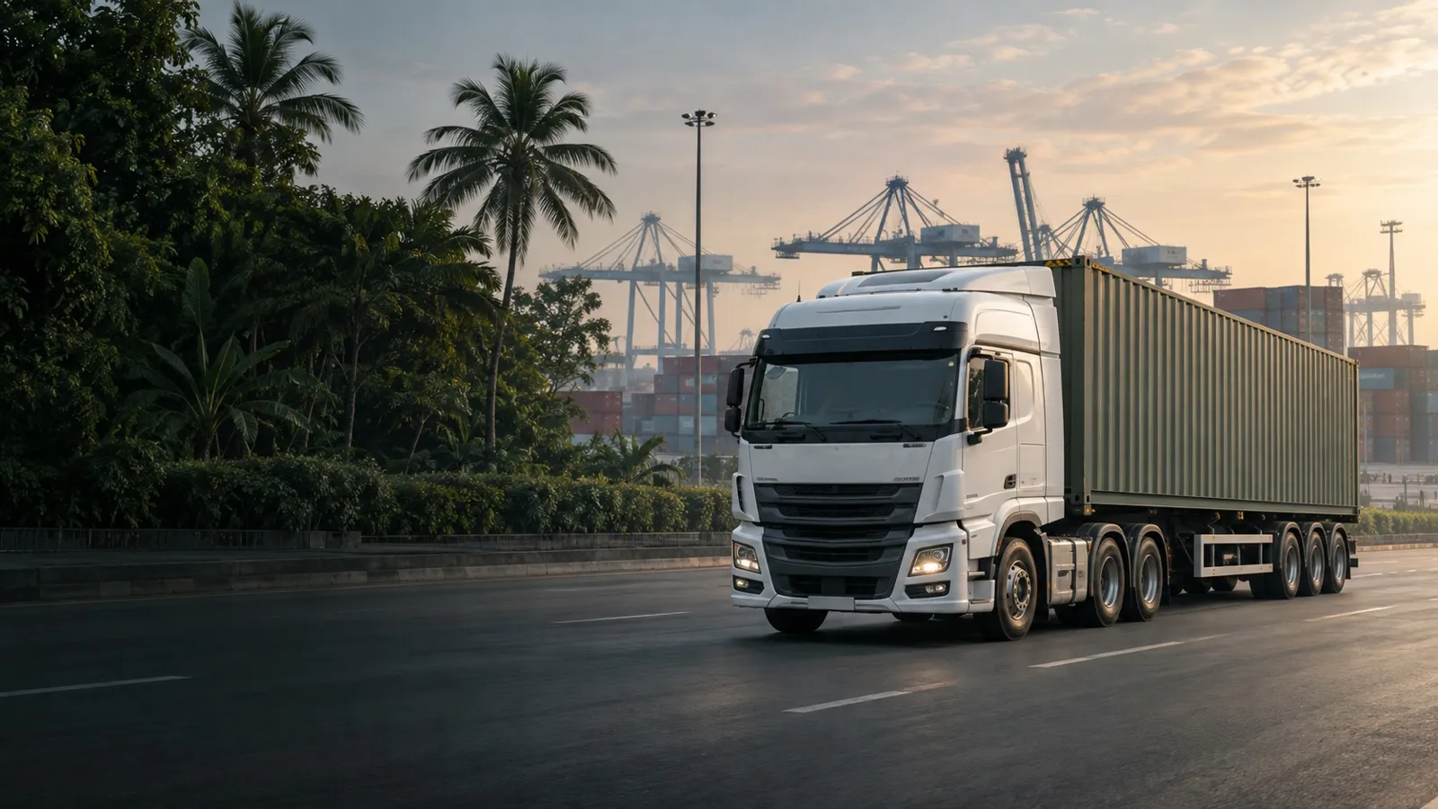 Concept image of an unbranded truck near a logistics terminal